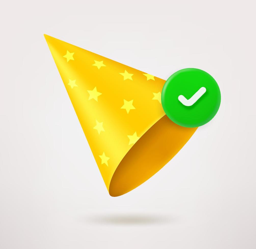 Holiday cap icon with checkmark. 3d vector icon