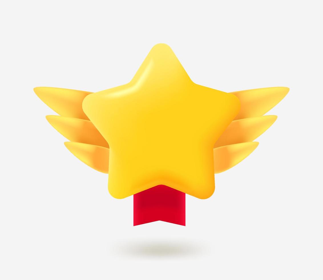 Game gold rating star label with red ribbon and wings. 3d vector badge