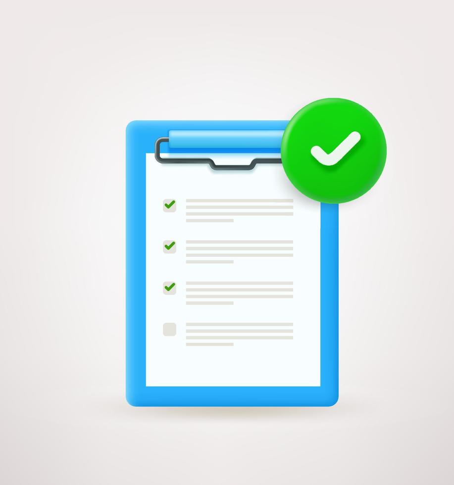 Paper with check list with green checkmark. 3d vector icon