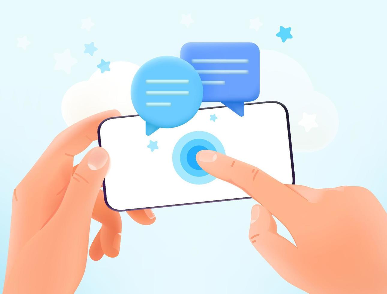 Chatting via modern smartphone. Hands holding smartphone and tapping on the screen. 3d vector