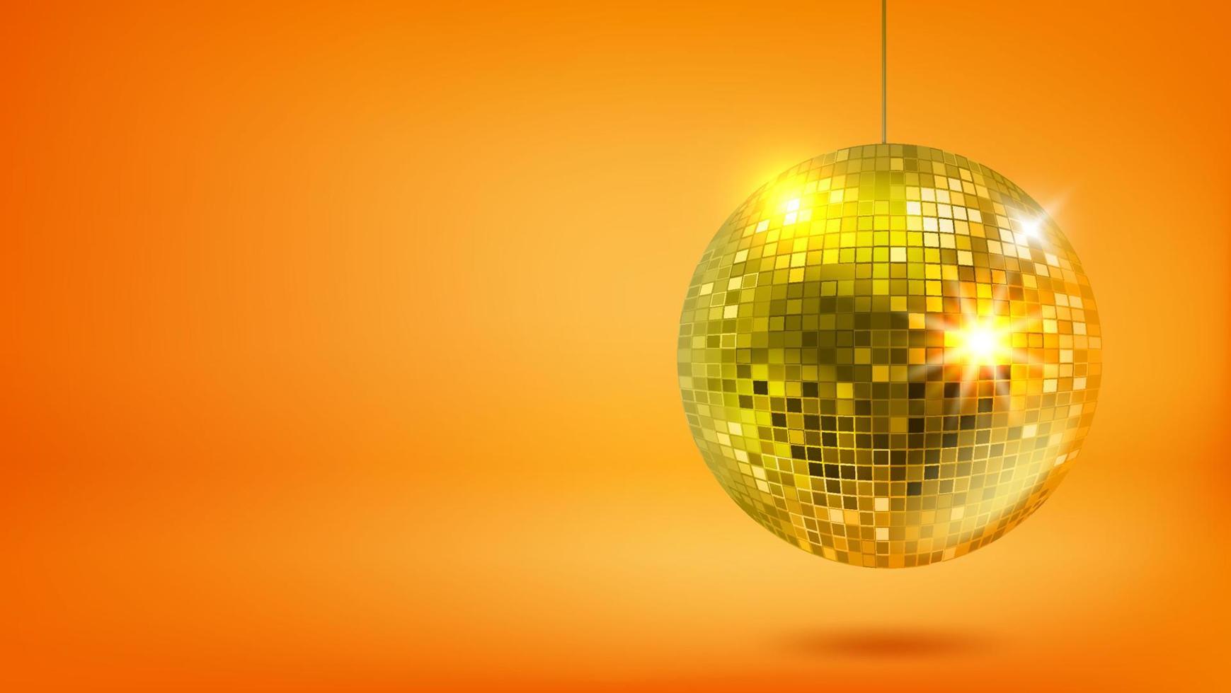 Bright holographic glowing studio with glowing golden disco ball. Vector 3d banner with copy space