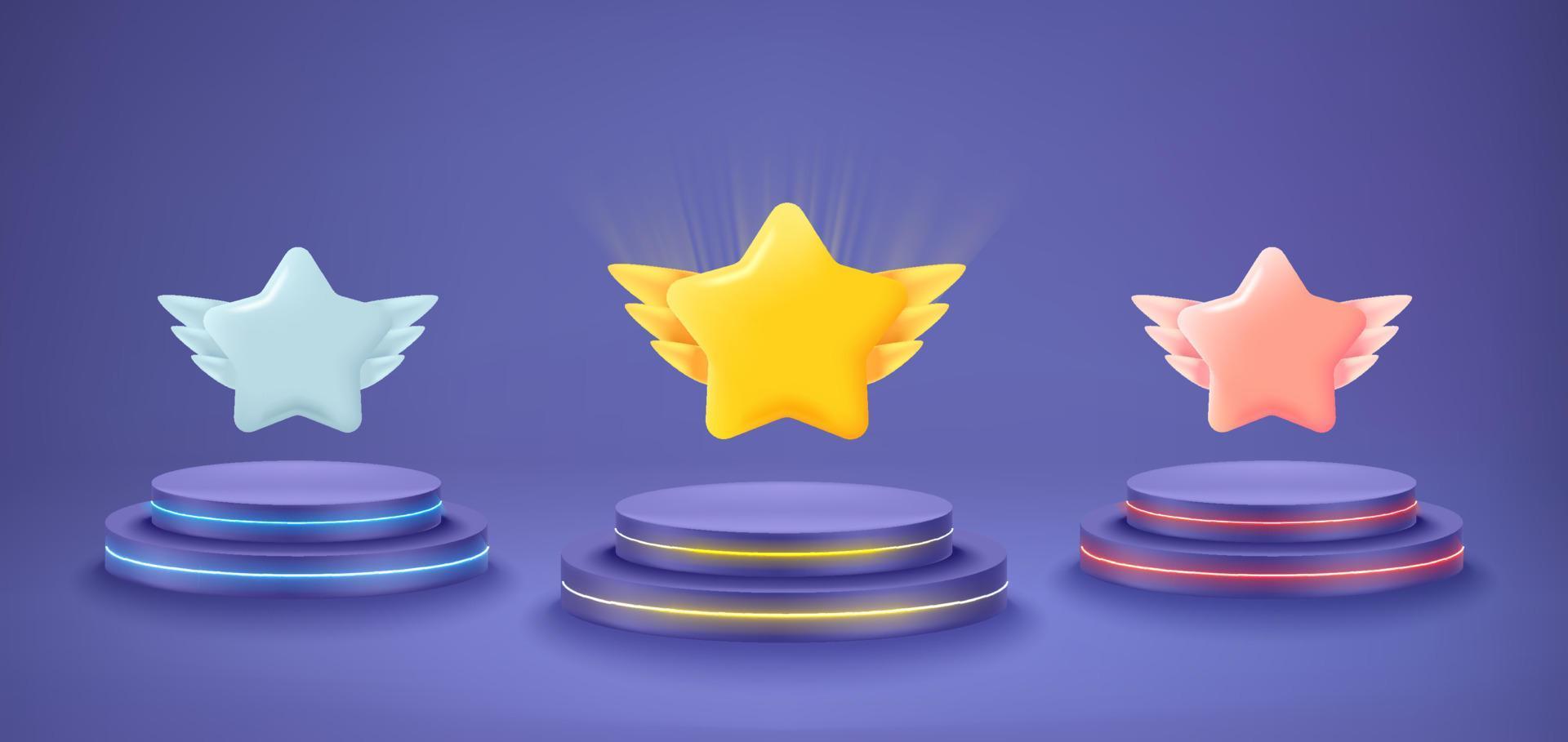 Very peri interior with podiums and rating stars. Vector 3d illustration