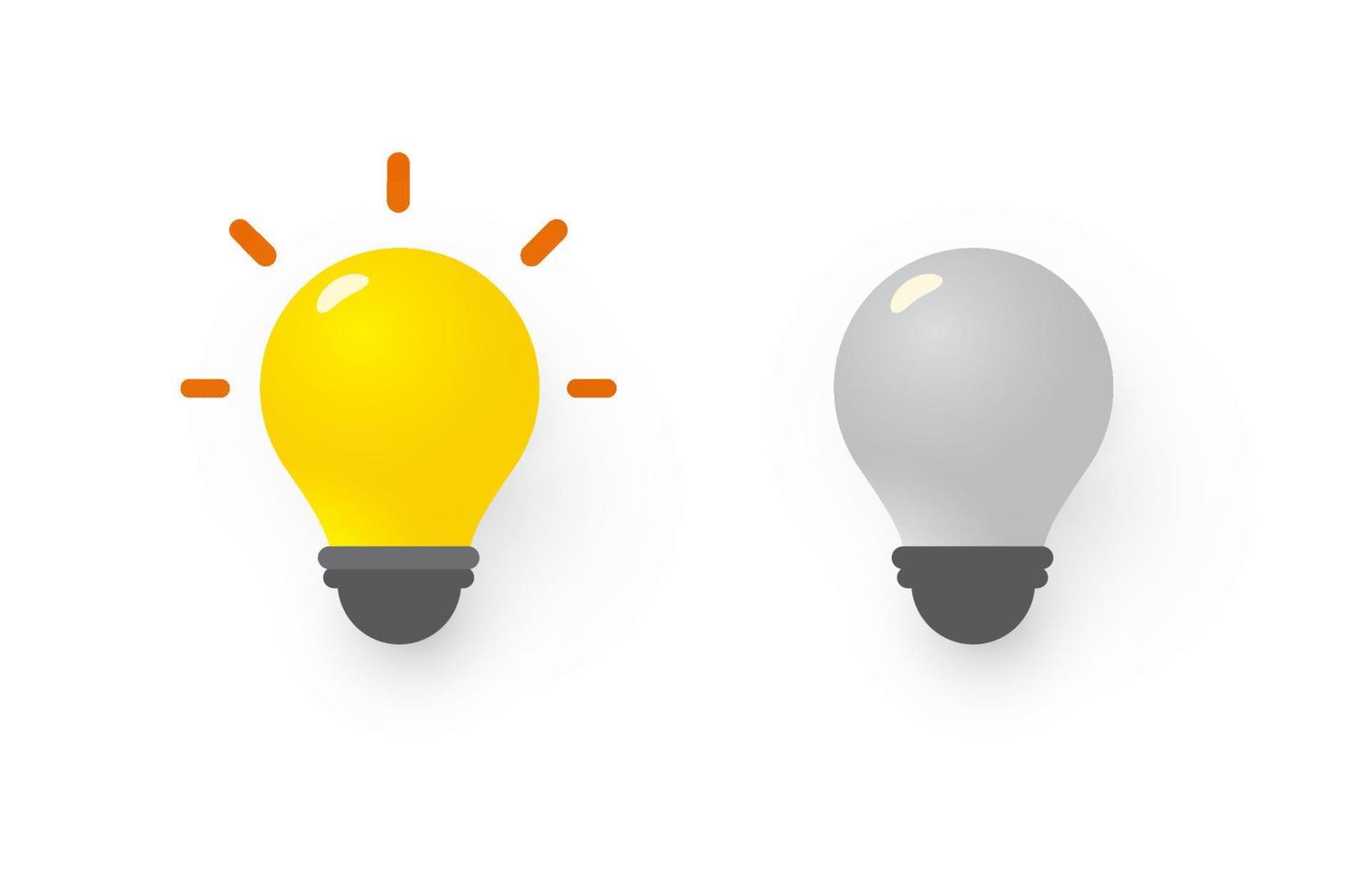 Yellow light bulb on, new idea symbol. Gray light bulb off, lack of ideas symbol. Flat 3D vector illustration.