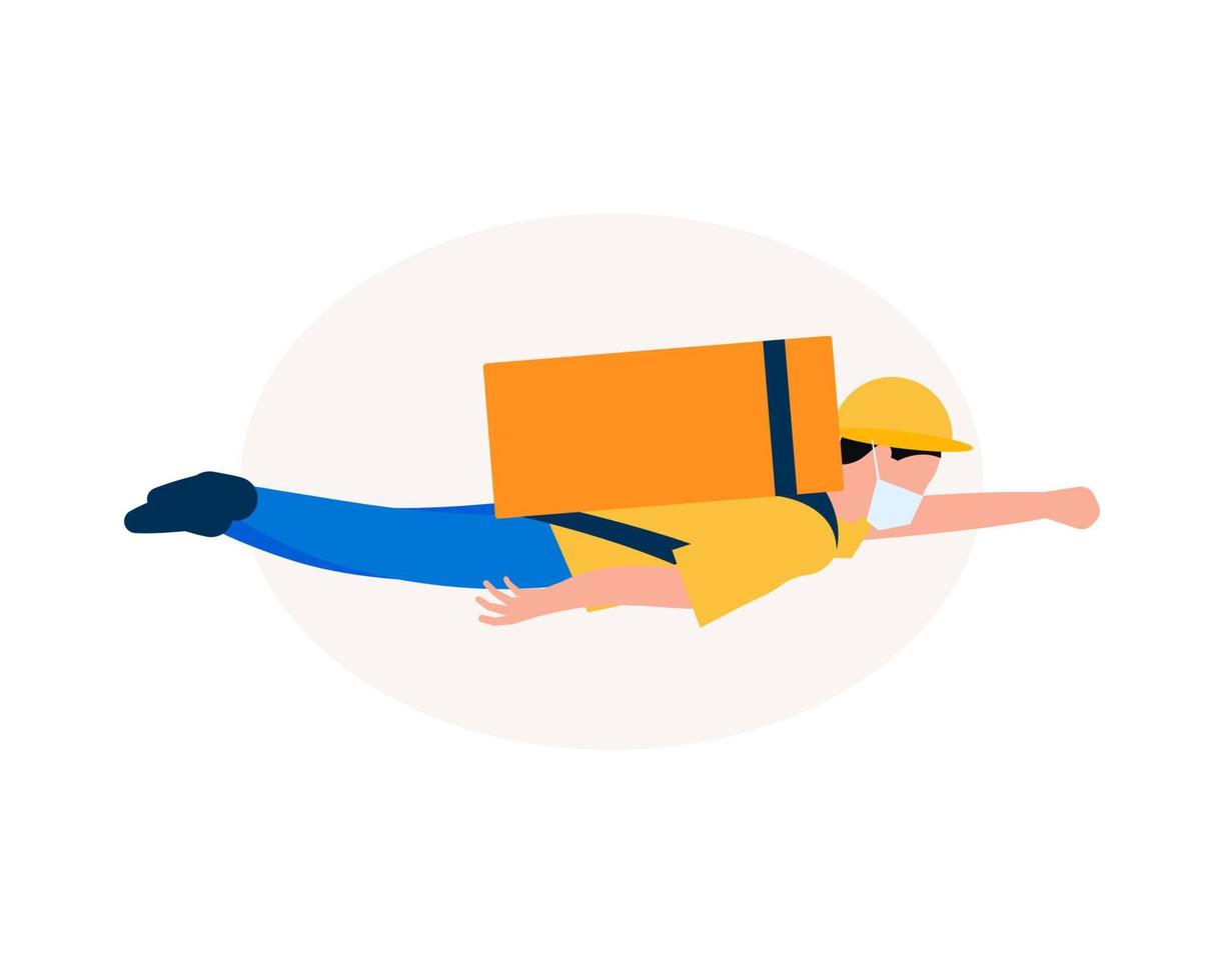 Food delivery man, flying superhero. Courier with eats bag, fly in the sky. Graphic for fast speed delivery service. Vector illustration