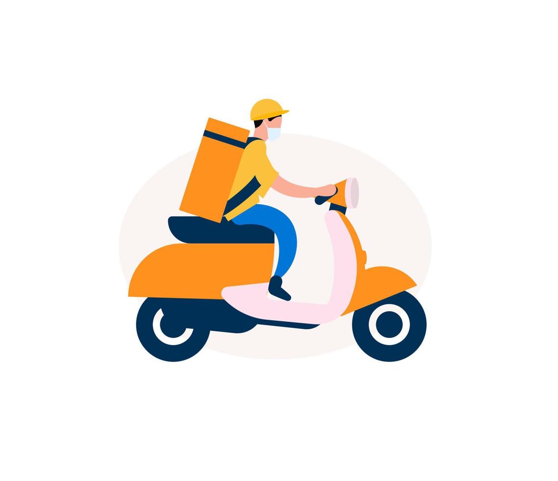 Food delivery man on an electric scooter. Courier with eat bag on moped. Graphic for delivery service. Vector illustration