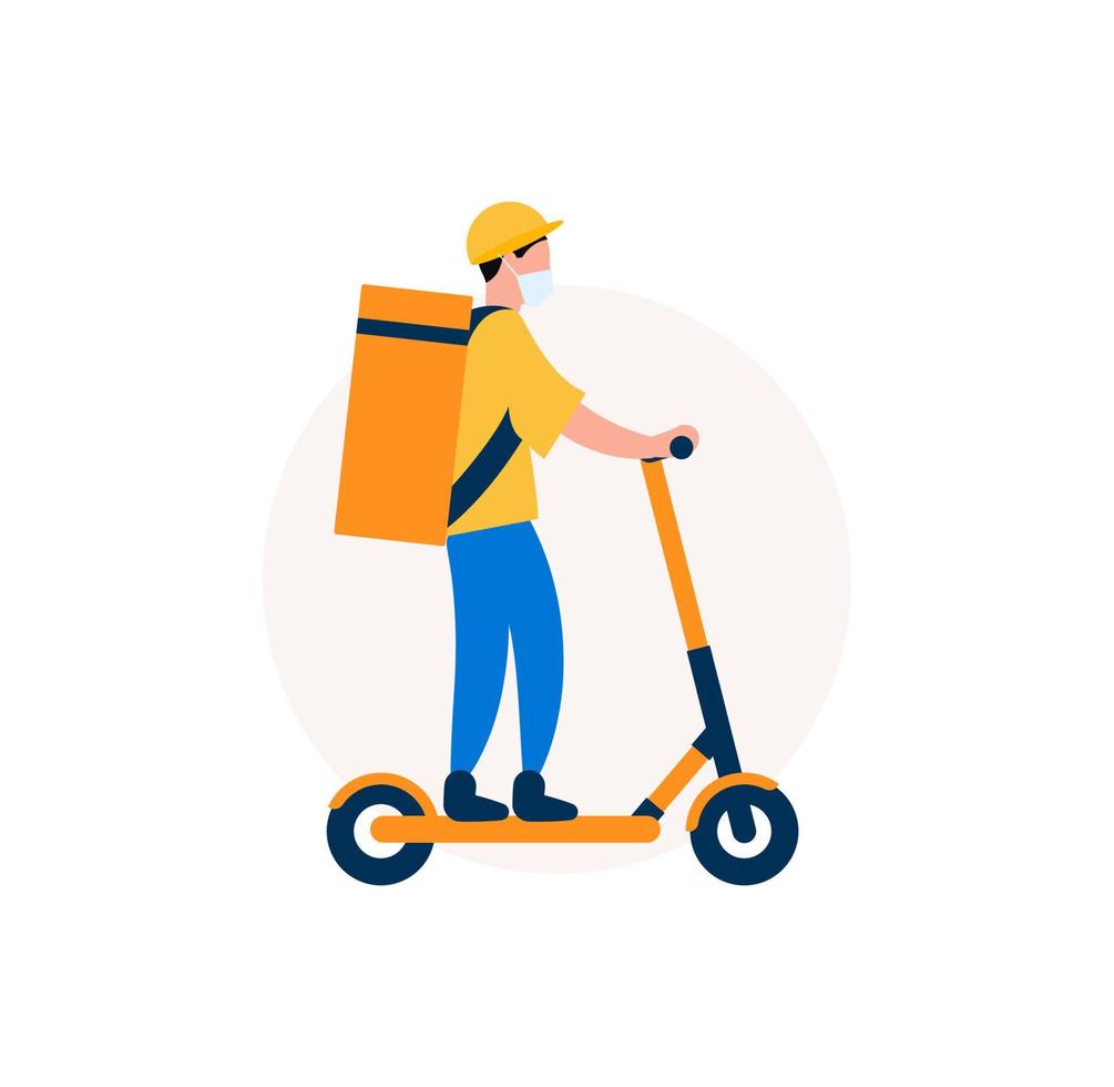 Food delivery man on an electric scooter. Courier with eat bag on kick scooter. Graphic for delivery service. Vector illustration