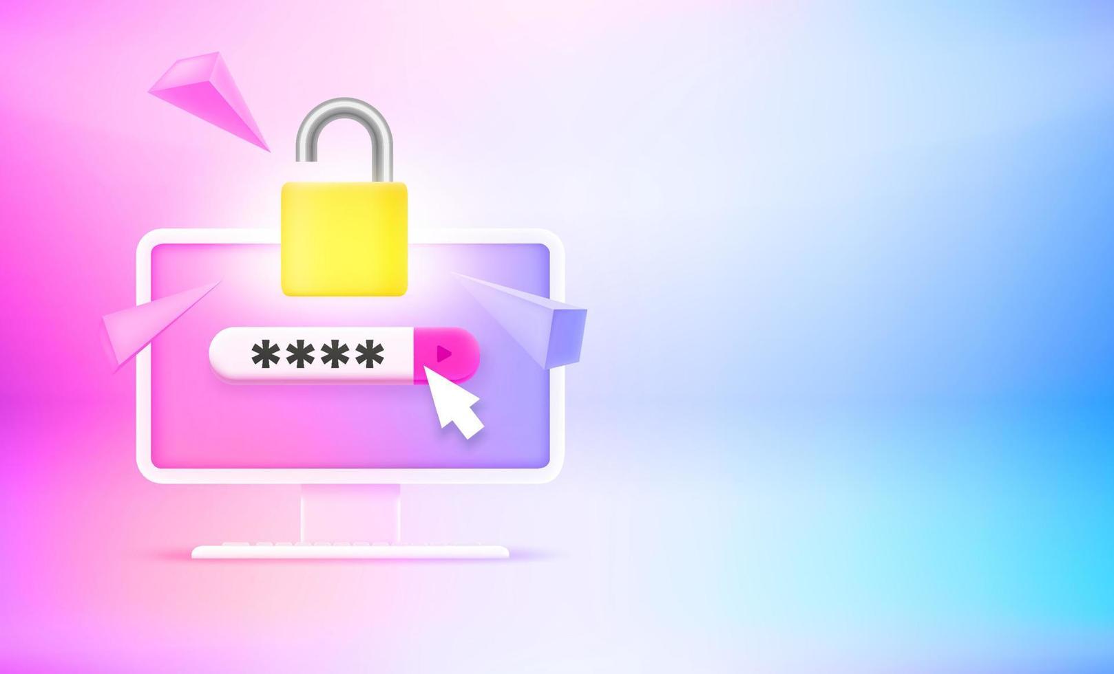 Inputting password to unlock the computer. 3d vector banner