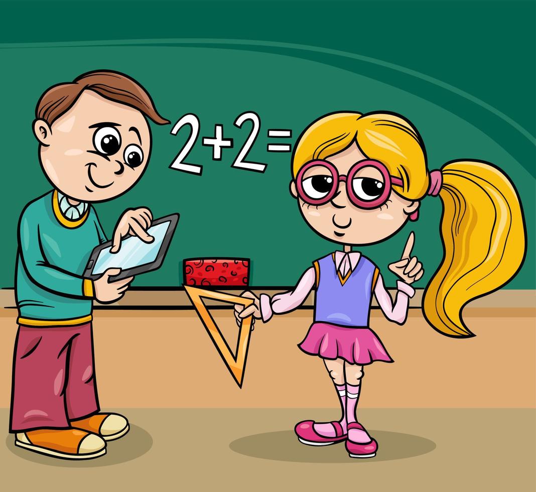 cartoon elementary age children at the blackboard vector