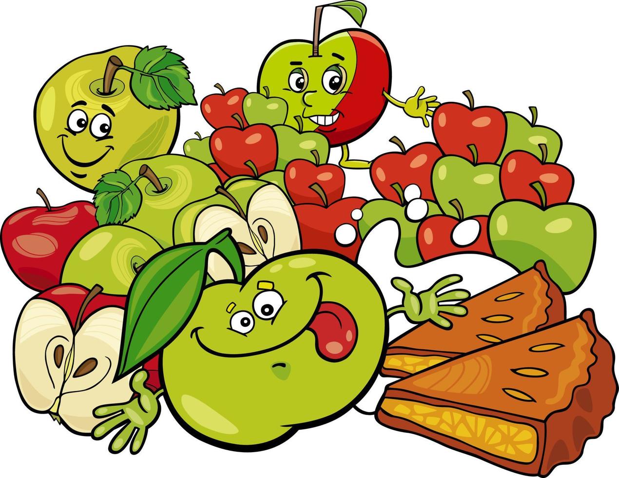 dibujos animados de manzanas verdes y rojas y tarta de manzana vector