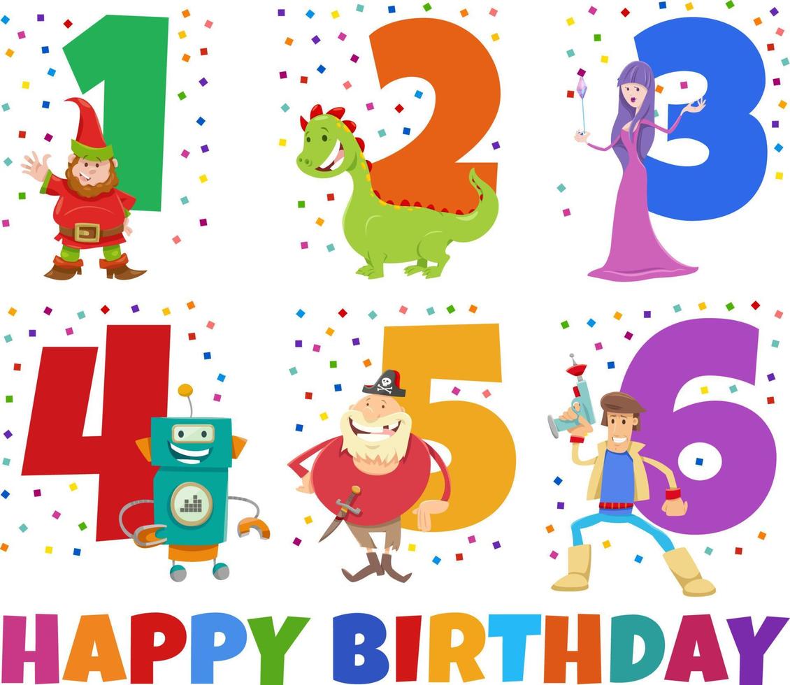 birthday greeting cards set with cartoon fantasy characters vector