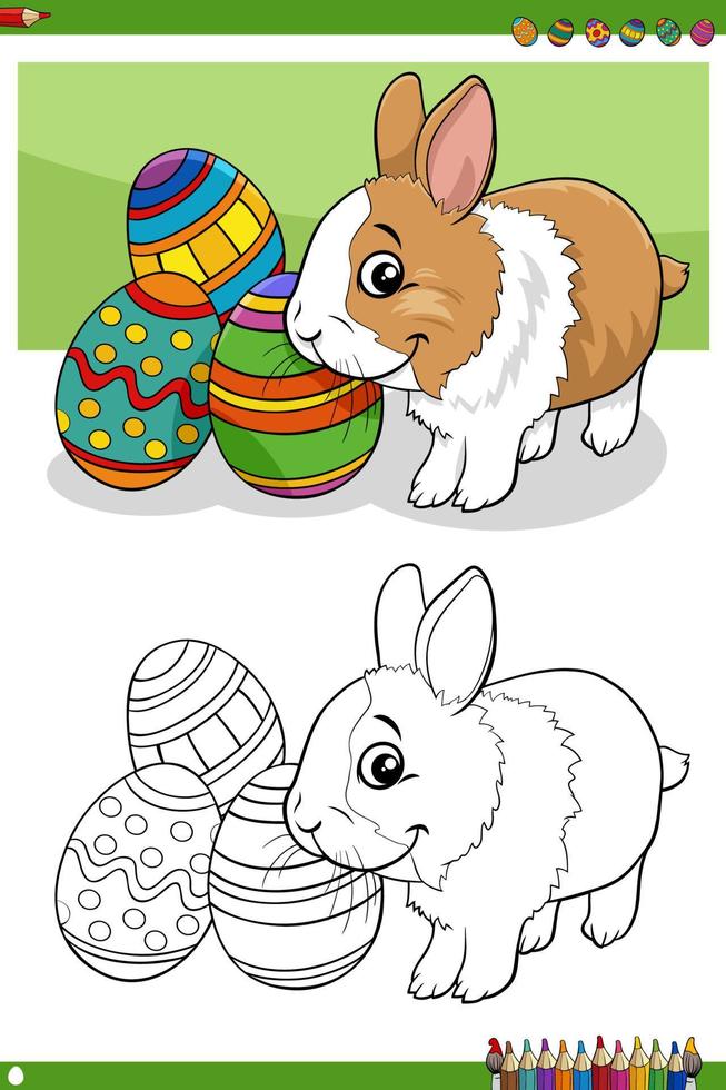 personaje de conejito de pascua con huevos página de libro para colorear vector