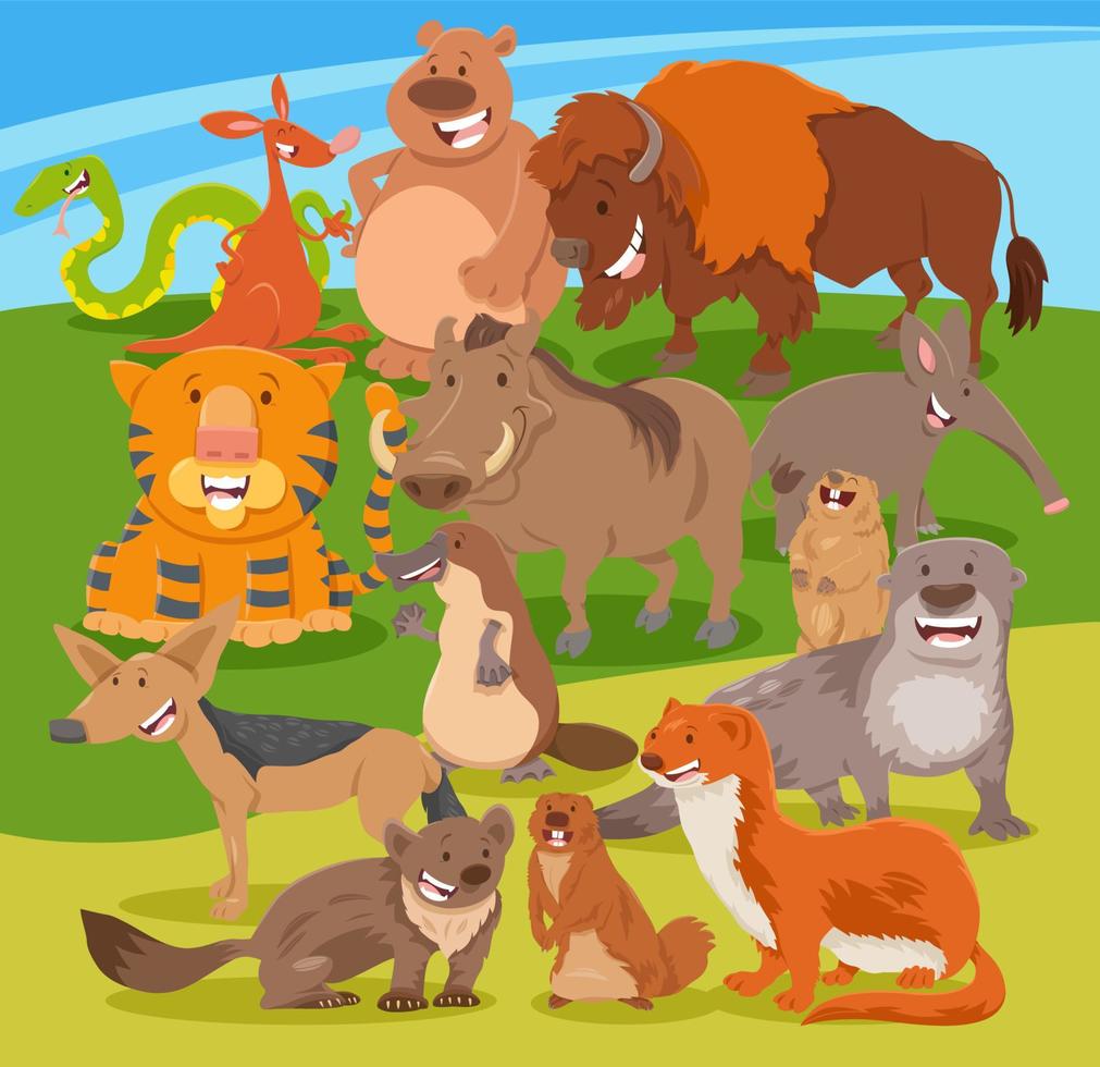 grupo de personajes de animales salvajes de dibujos animados feliz vector