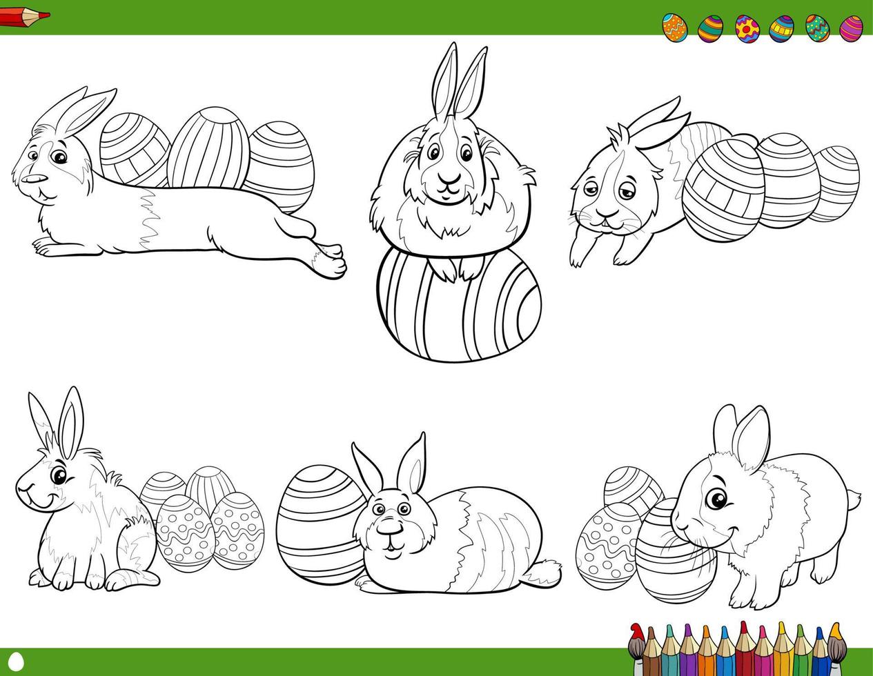 Easter bunnies characters and eggs coloring book page vector