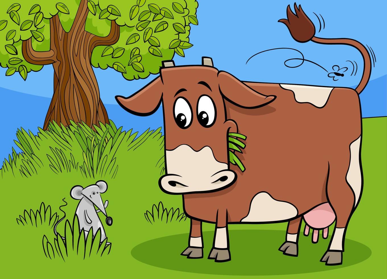 cartoon cow farm animal character and mouse vector