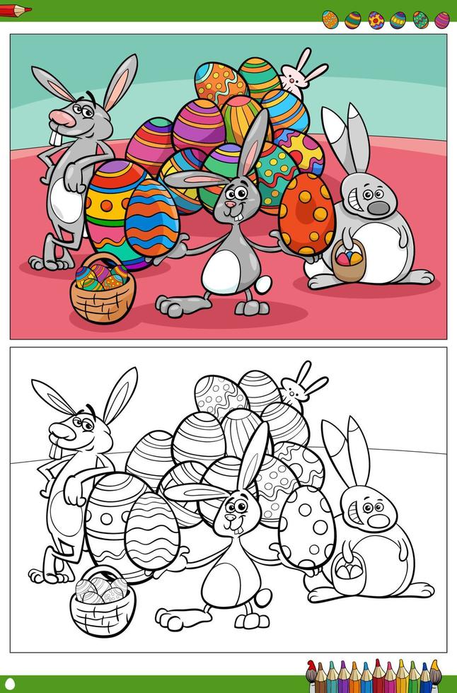 Easter bunnies characters with eggs coloring book page vector