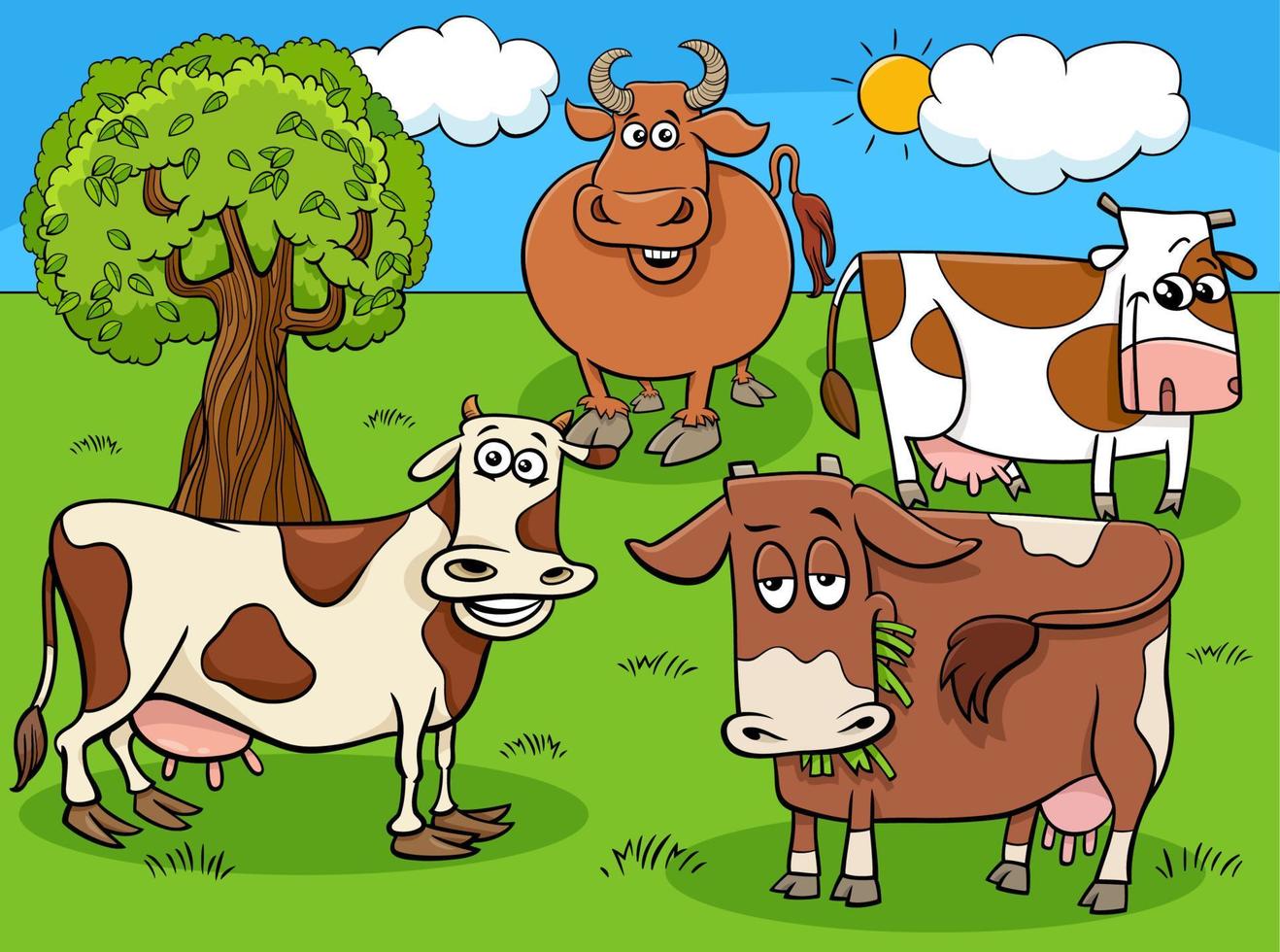 grupo de animales de granja de vacas de dibujos animados en el prado vector