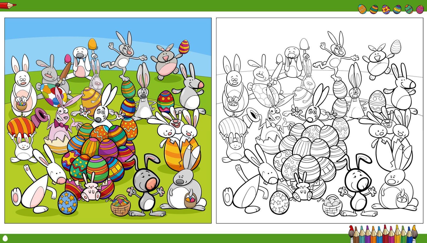 Easter bunnies with Easter eggs coloring book page vector