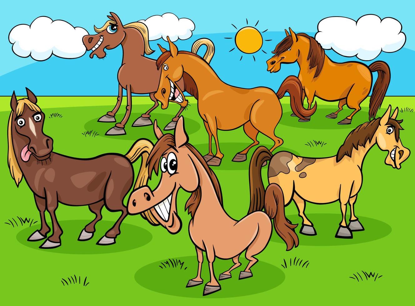 grupo de animales de granja de caballos de dibujos animados divertidos vector