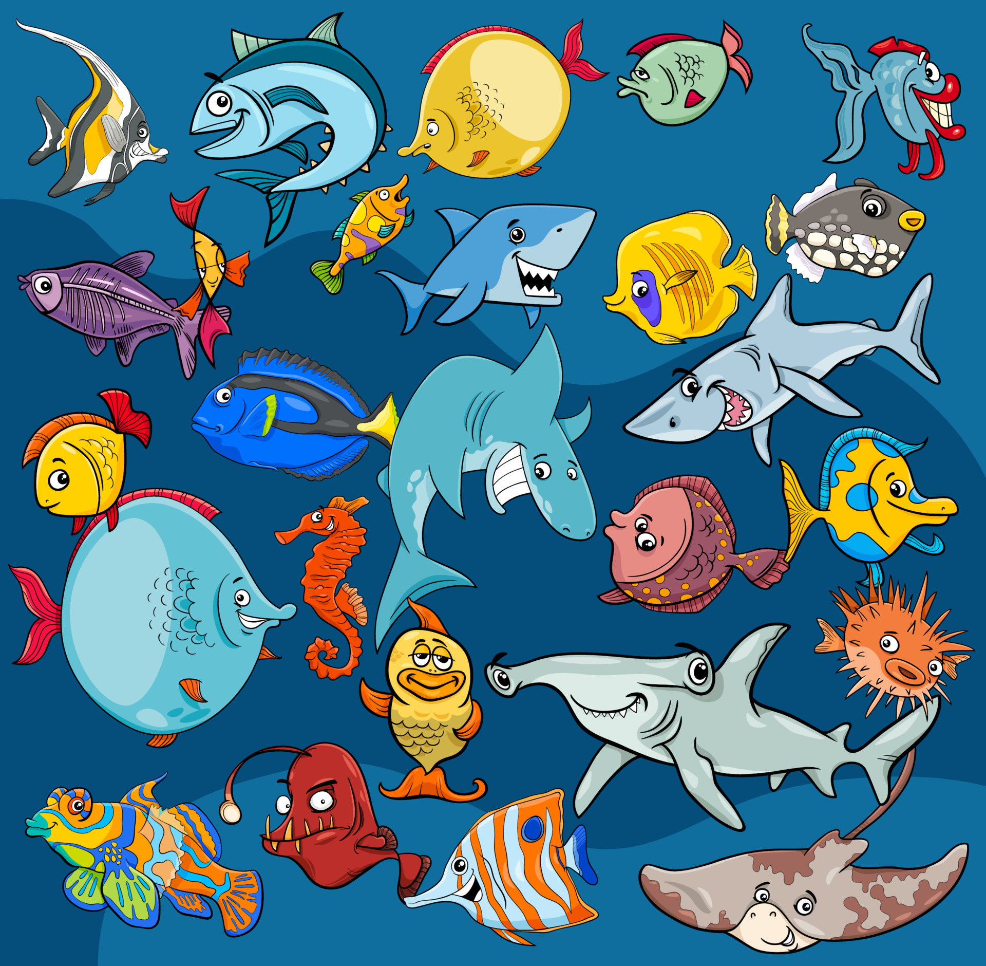 cartoon fish marine animal characters background 6876408 Vector Art at  Vecteezy