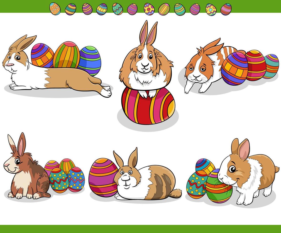 conjunto de huevos de personajes y conejitos de pascua de dibujos animados vector