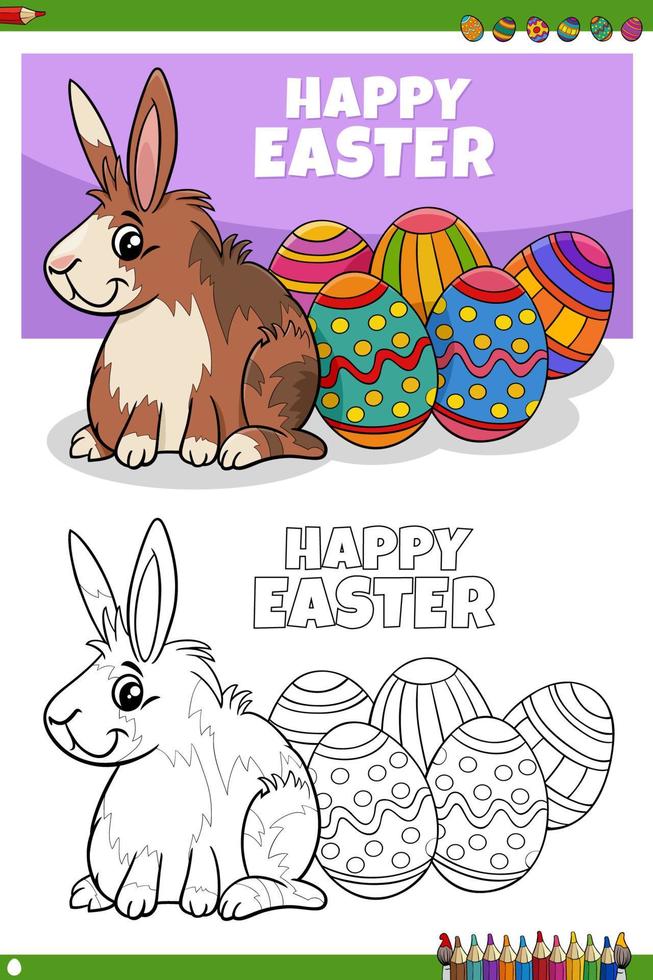 Easter bunny character with eggs coloring book page vector