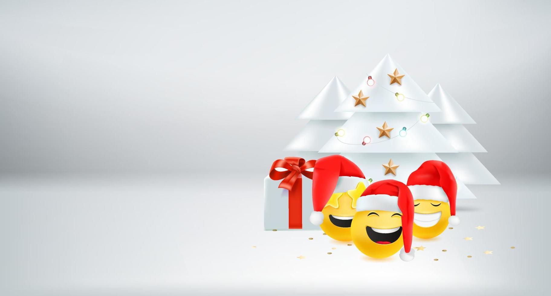 tarjeta con adornos navideños y emojis felices con gorros de papá noel vector