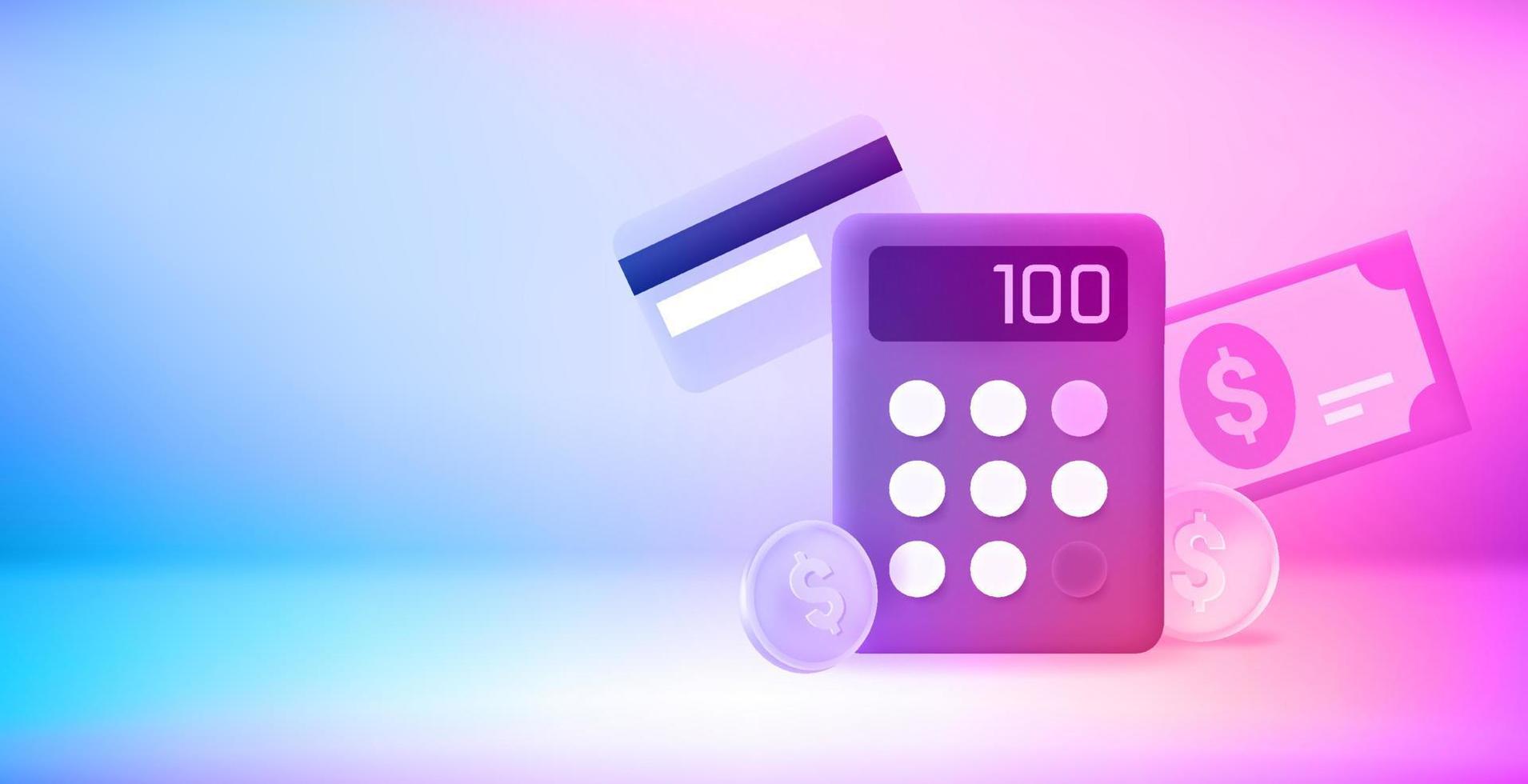 Calculator witn coins, card and banknote. 3d vector banner with copy space