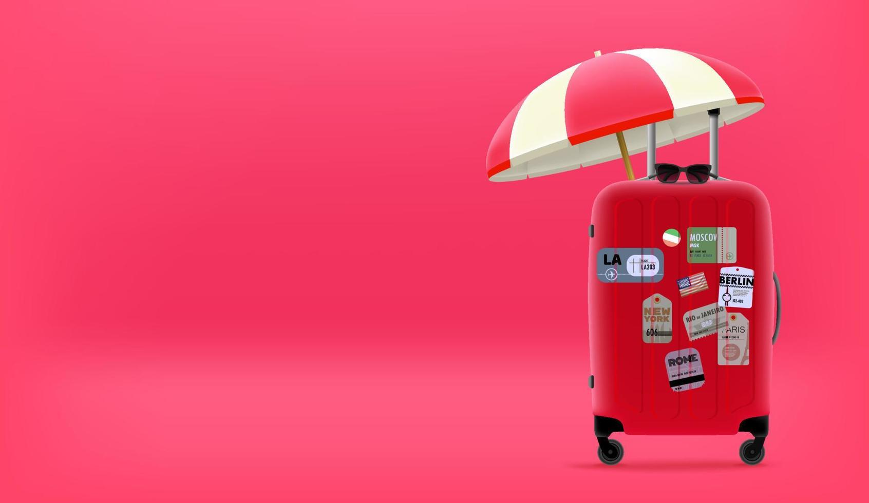 concepto de viaje de verano con bolsa de viaje roja y paraguas. Banner de vector 3d con espacio de copia