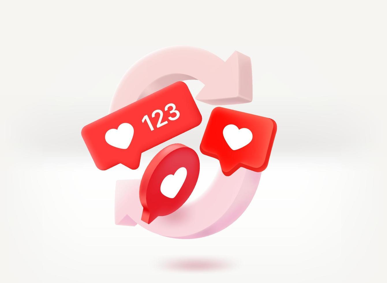Refreshing social media concept with chat balloons with hearts. 3d vector illustration