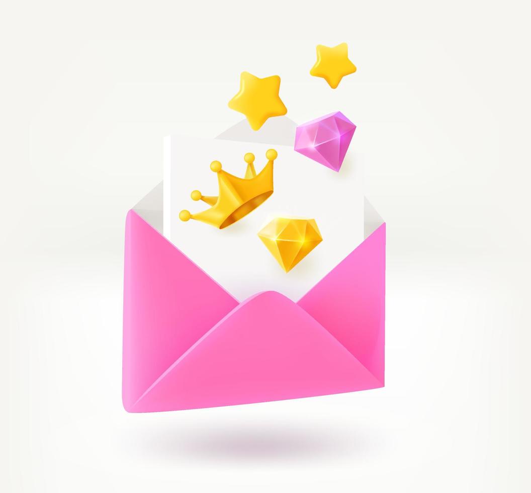 Open envelope with crown, gems and golden stars. 3d vector illustration