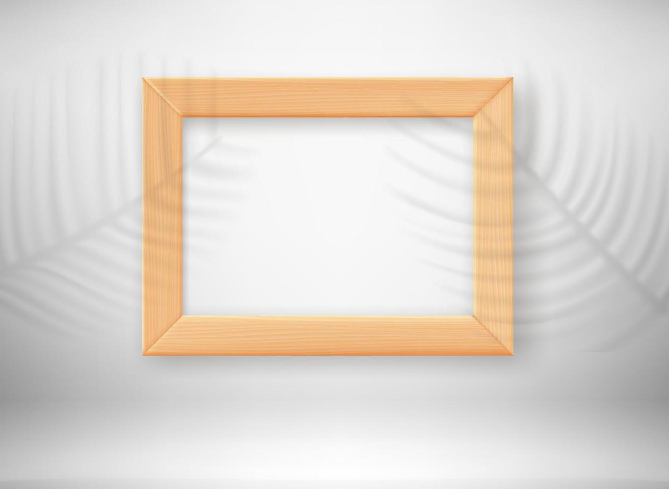 Empty wood frame in interior with palm leaves shadows. 3d vector template for design