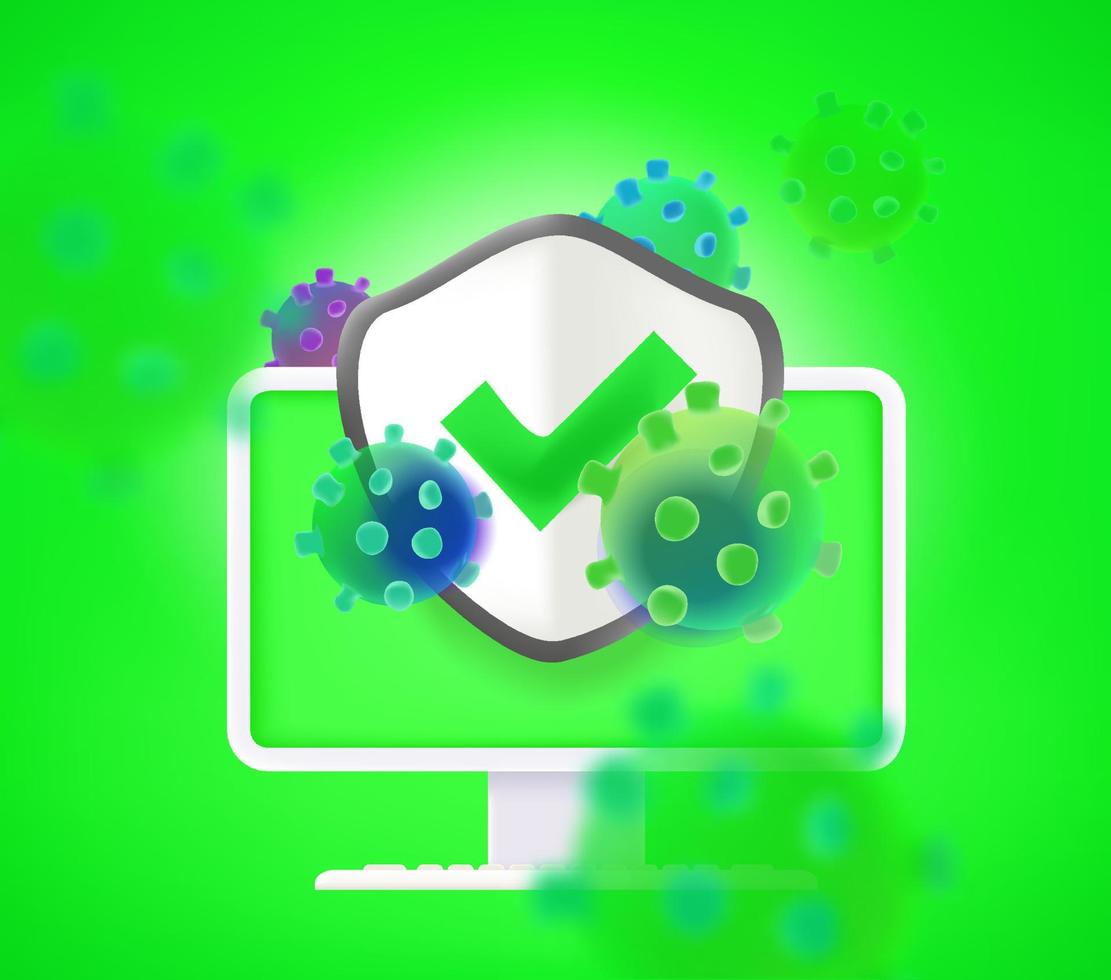 Internet protection from fraud and viruses. Modern computer monitor with shield on the screen. 3d vector illustration