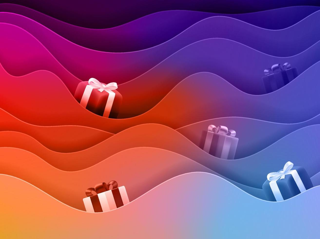 Gift boxes on the waves. 3d vector colorful abstract background