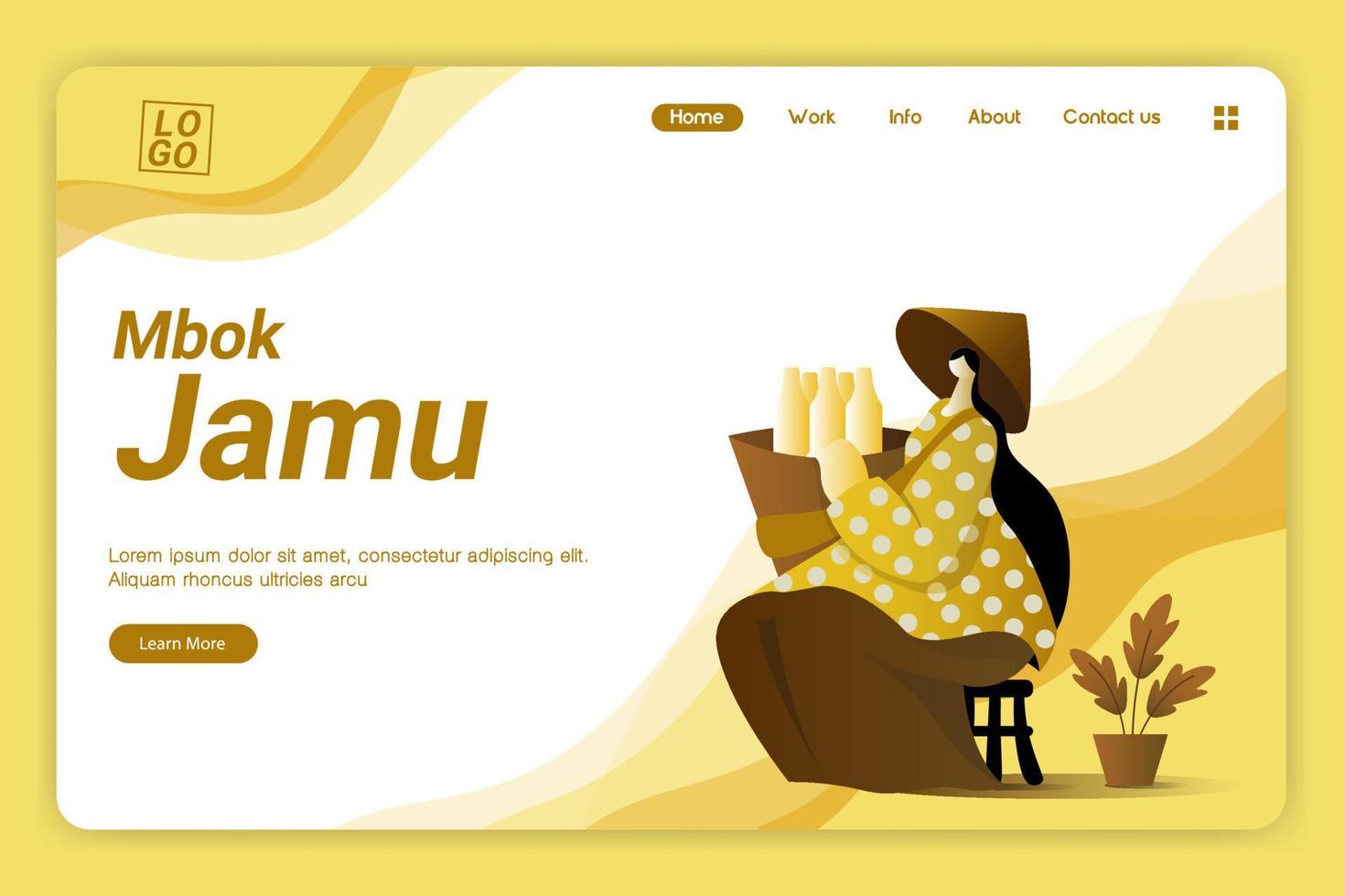 página de inicio, una mujer que vende medicinas tradicionales que se venden al ser llevadas y vendidas, cultura indonesia. vector