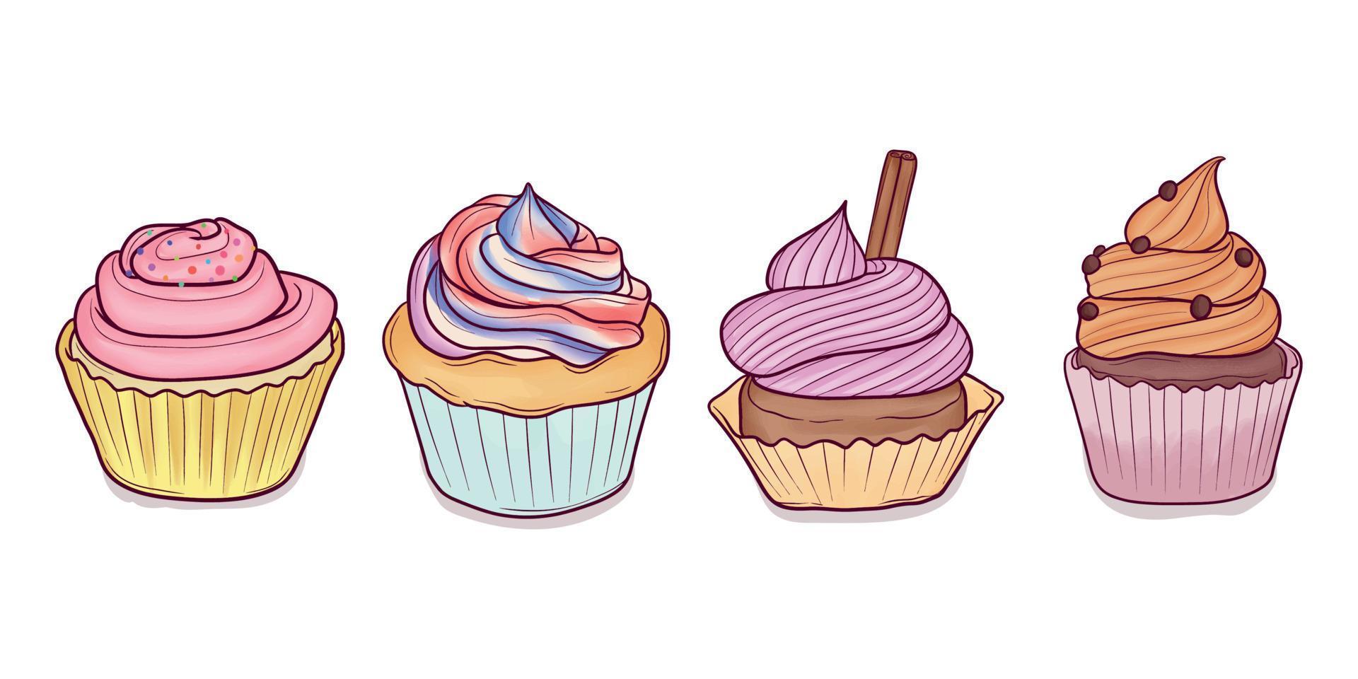 conjunto de lindos cupcakes dibujados a mano vector