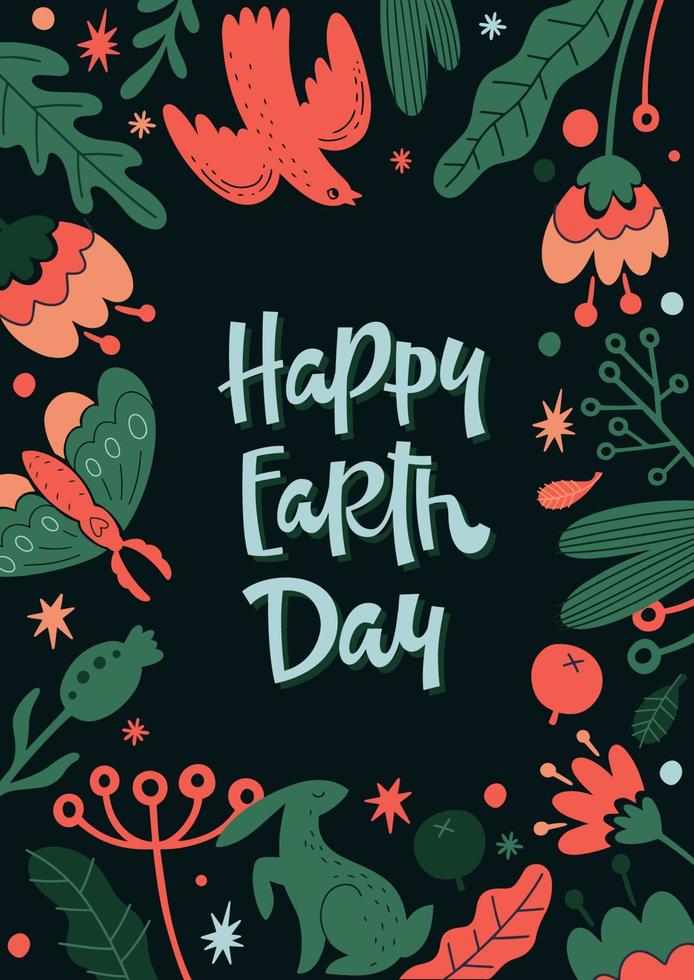 Happy Earth Day between illustrated various flora and fauna vector