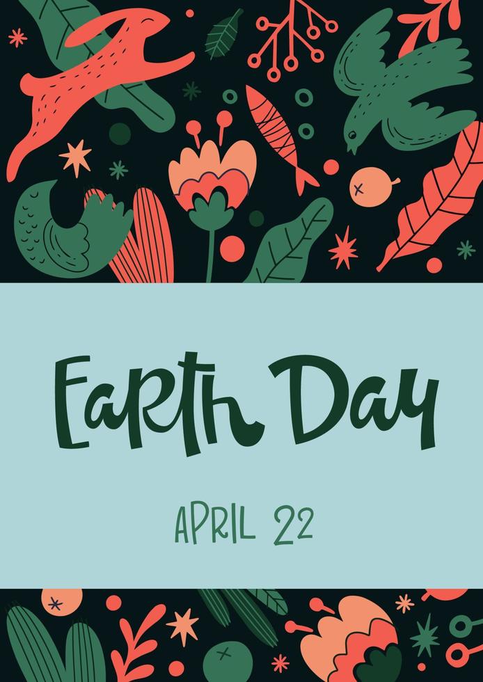 Creative poster with Earth Day inscription and abstract pattern with animals and plants vector