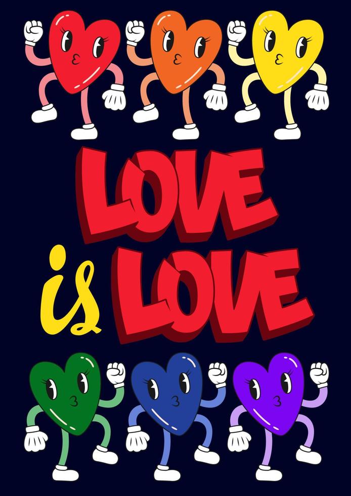 Postcard with Love Is Love phrase and 30th cartoon characters hearts vector
