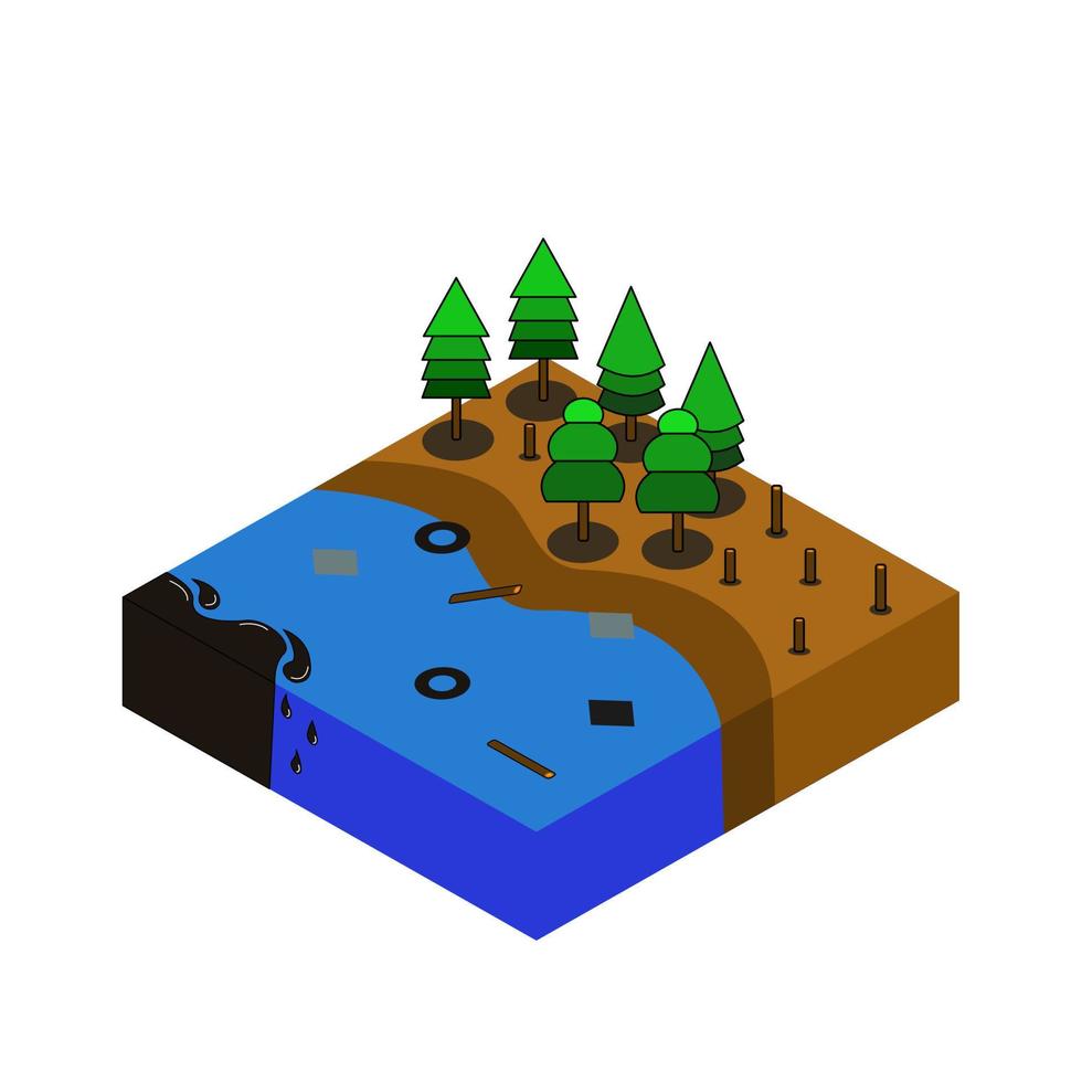 concepto de desastre natural vista isométrica 3d incluye derrame de petróleo. ilustración vectorial de la contaminación del agua. día mundial de los océanos. vector