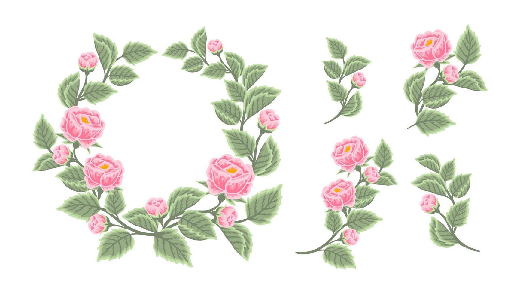 Beautiful vintage flower wreath and bouquet vector illustration arrangement set