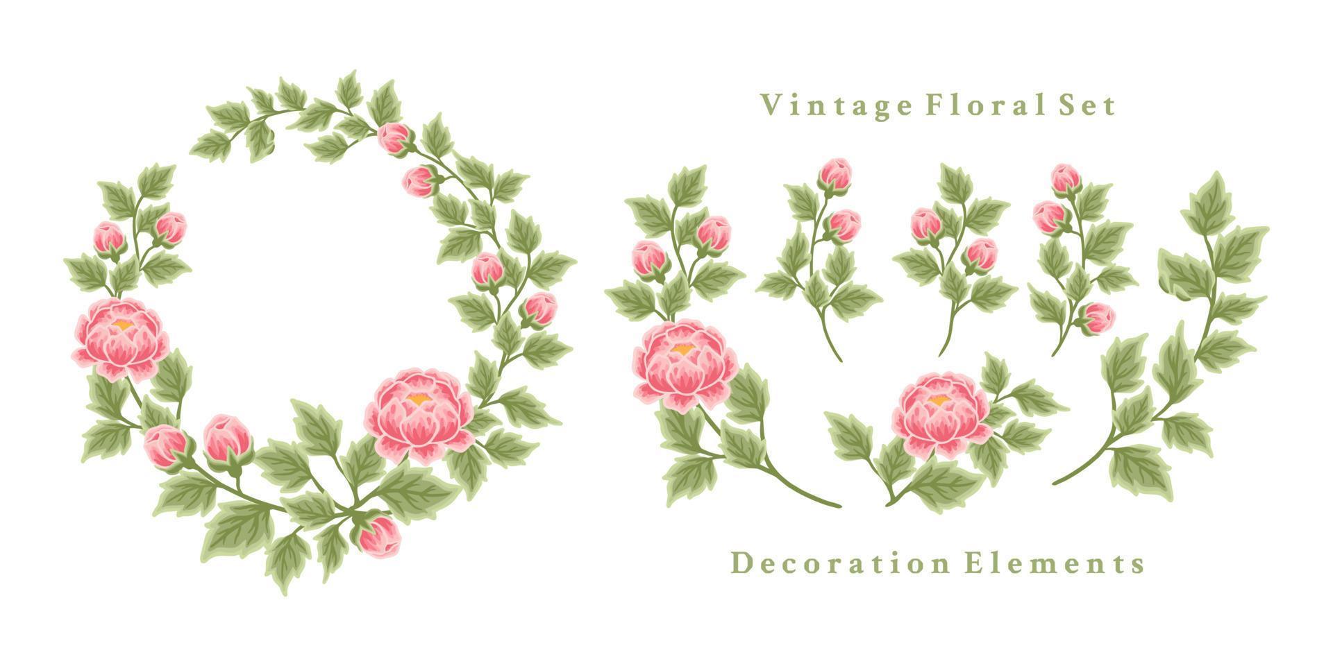 Beautiful vintage flower wreath and bouquet vector illustration arrangement set