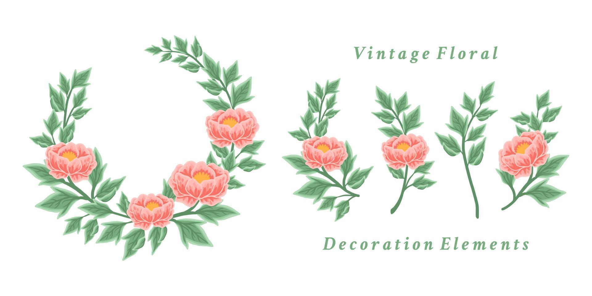 Beautiful vintage flower wreath and bouquet vector illustration arrangement set