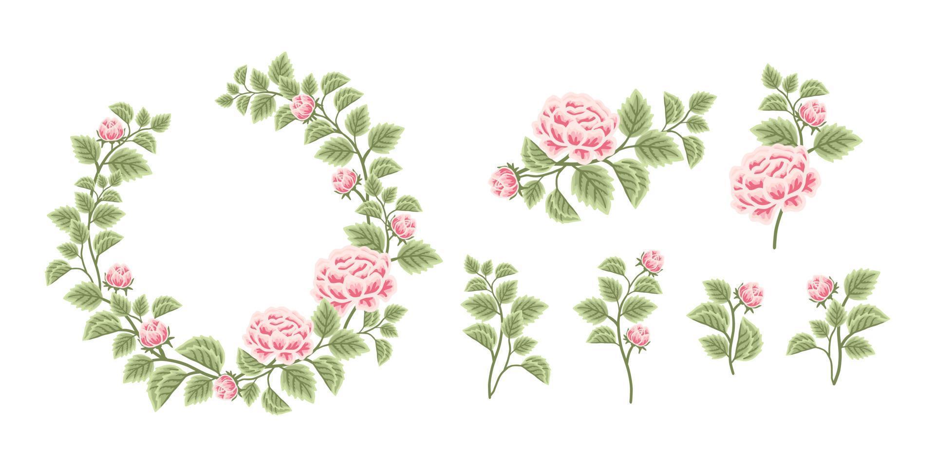 Beautiful vintage flower wreath and bouquet vector illustration arrangement set