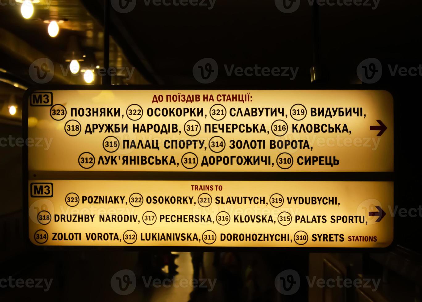 viejas luces del metro y señalización en el metro de kiev foto