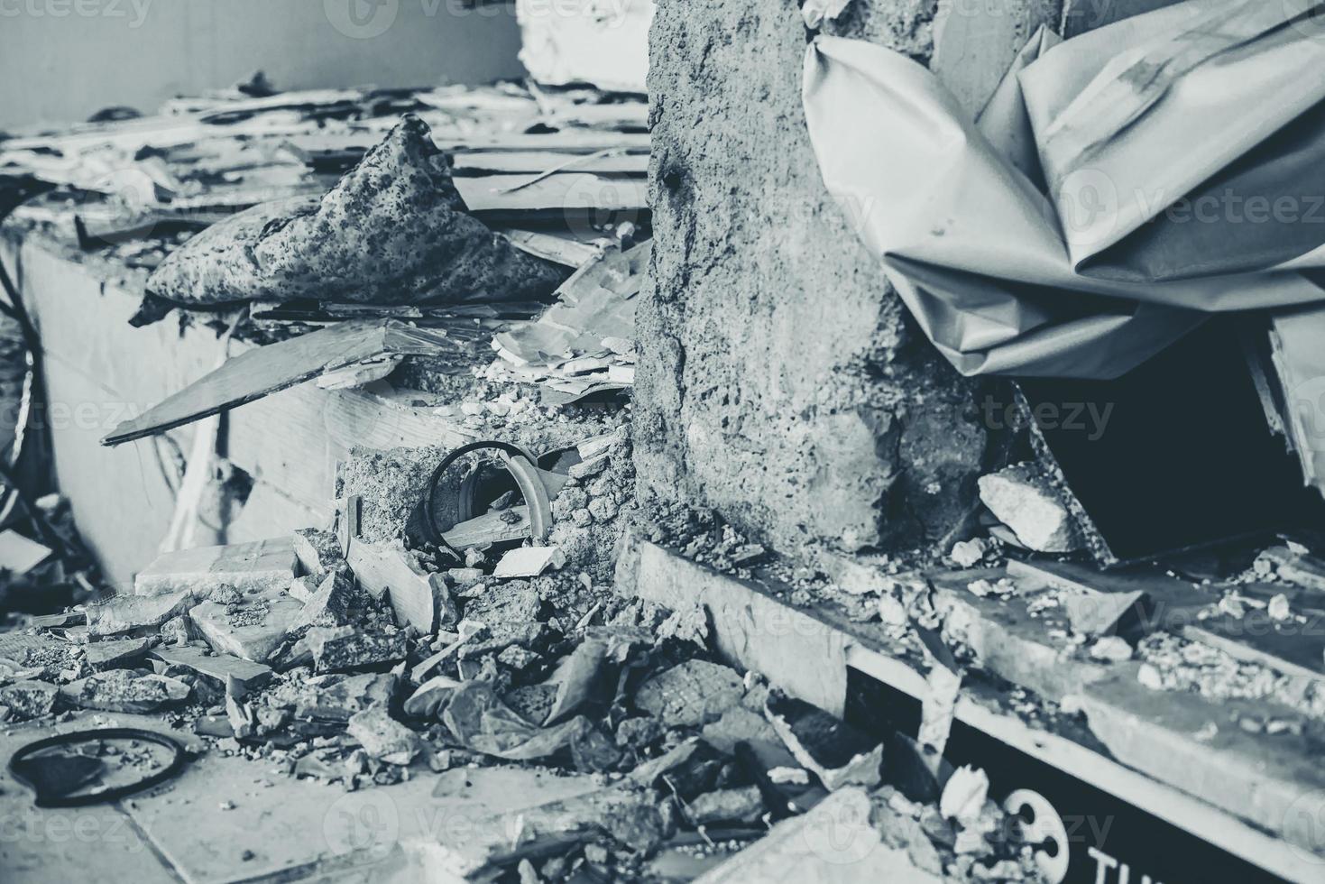 Houses and fields in ruins, demolished, abandoned and junkyard photo
