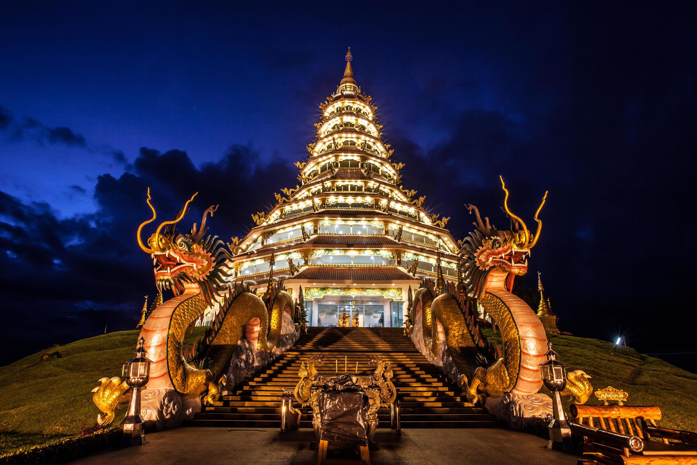 View of Wat Huay Pla Kang an iconic Chinese pagoda temple in Chiang Rai province of Thailand