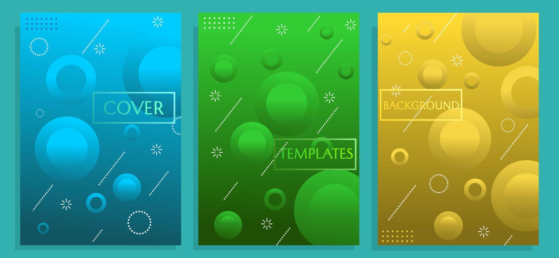 conjunto de diseños de portada con fondos degradados verdes, azules y dorados. diseño con adornos geométricos dinámicos. se puede utilizar para portadas de informes anuales, pancartas, presentaciones y libros vector