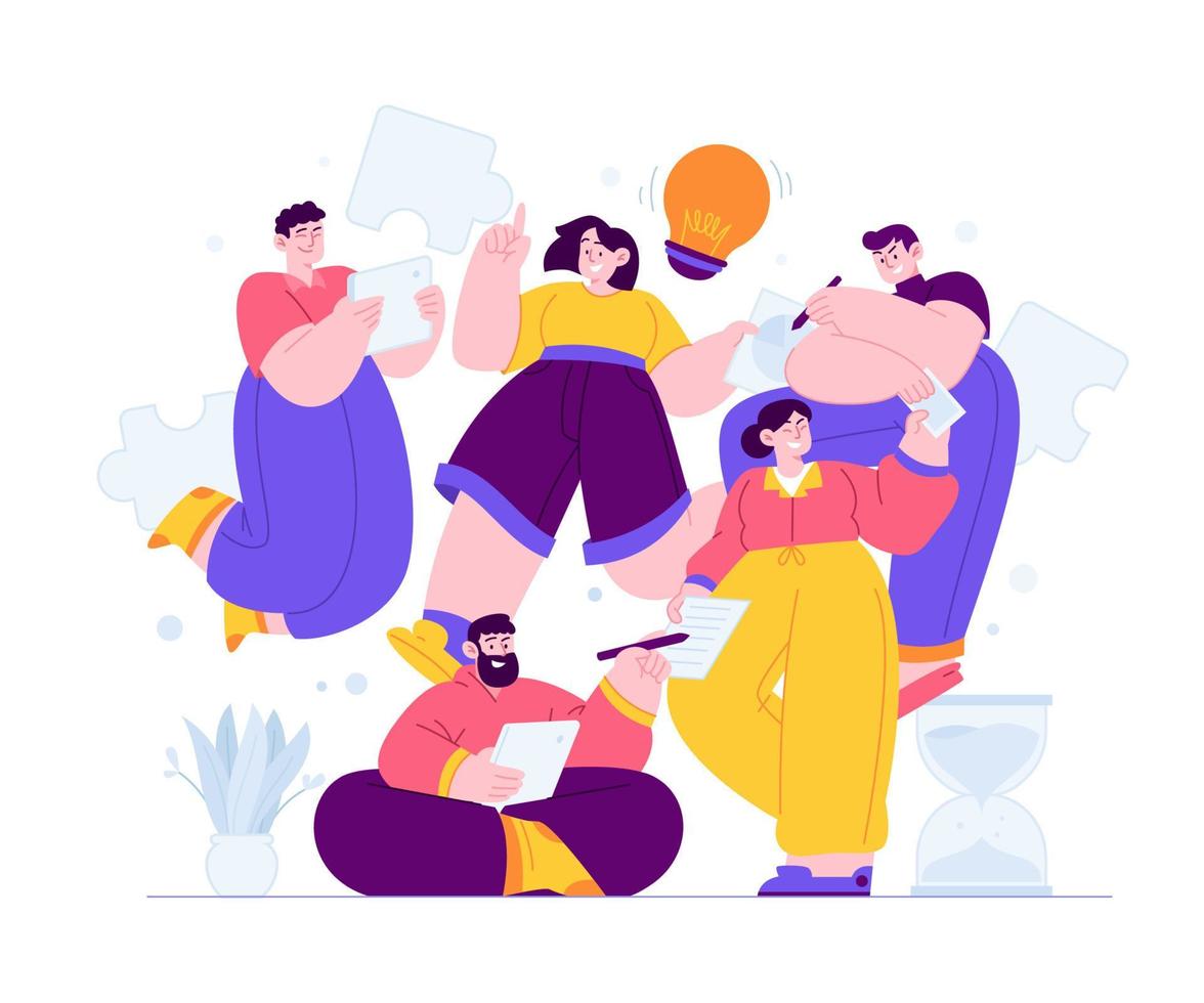 Business Teamwork concept vector Illustration idea for landing page template, a puzzle as effective team collaboration process, active, busy and dynamic assistance help group. Hand drawn Flat Style