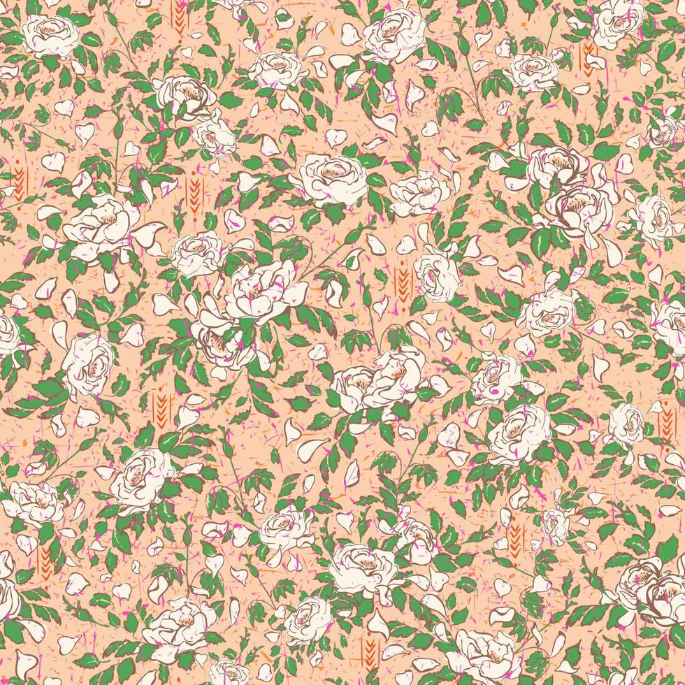 boho roses VECTOR REPEAT PATTERN. Beautiful, romantic. Western, boho, feminine and whimsical. Loosely drawn summery blossoms with a scratchy speckle texture layer. Modern graphic style, vintage feel.