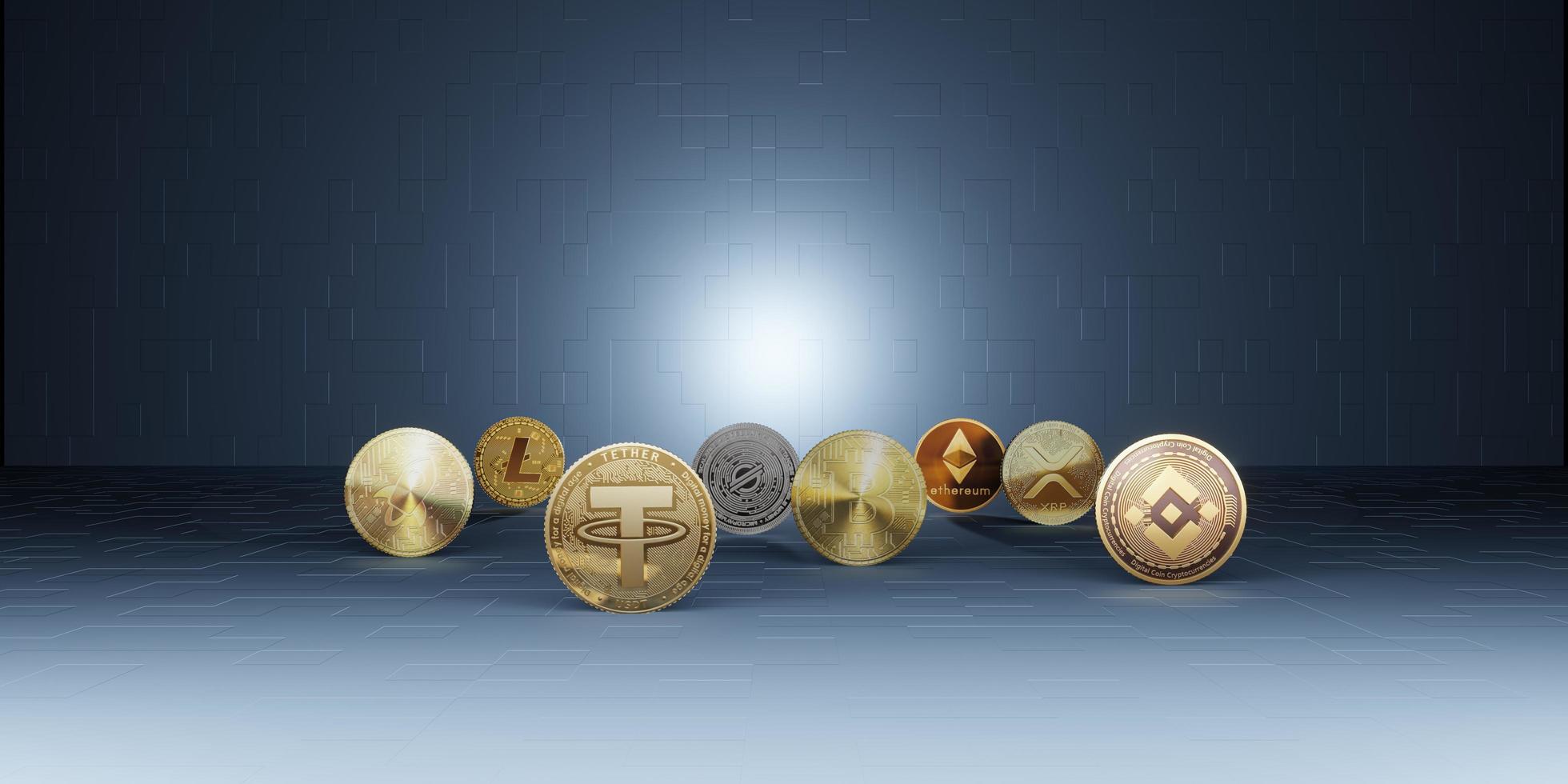 Bitcoin Cryptocurrency Coins Futuristic Skyline Background Technology Backdrop Modern Abstract 3D Illustration photo